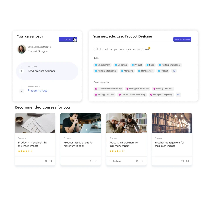 Screengrab of learning and development capabilities within Phenom's talent marketplace feature on a transparent background