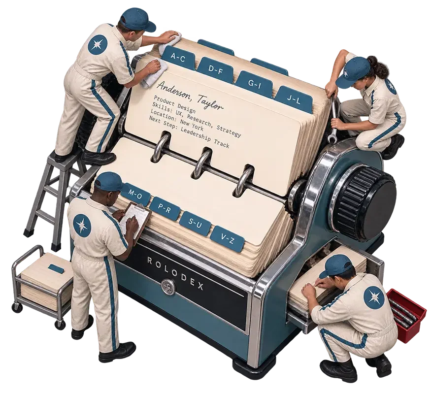 Four workers in beige uniforms with blue caps organize a giant Rolodex, updating contact cards with alphabetical tabs.