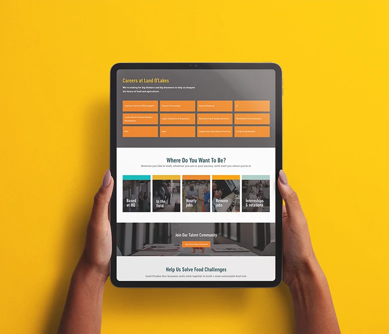 Tablet showing Land O'Lakes' Phenom-built Career Site.