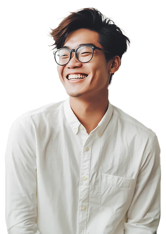 Young Asian man with glasses wearing a white button down shirt smiling