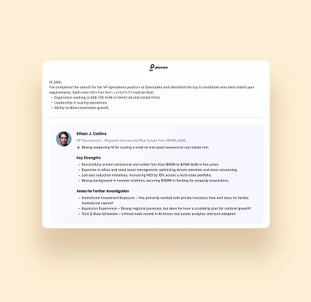 Phenom X+ Executive Recruiter Agent aggregating web data to summarize executive profiles, surface key qualifications, and provide deeper context for informed hiring decisions
