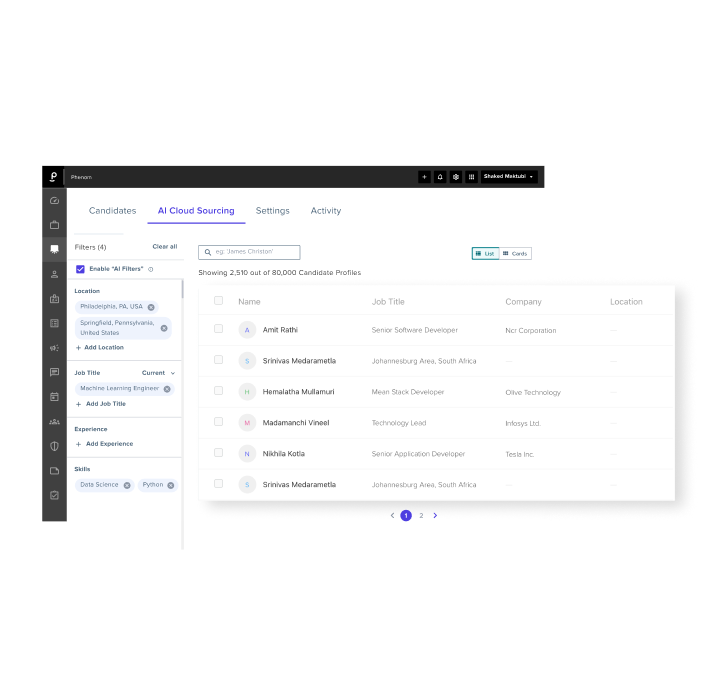 Phenom AI Cloud Sourcing view showing candidate profiles filtered by location, job title, experience, and skills.