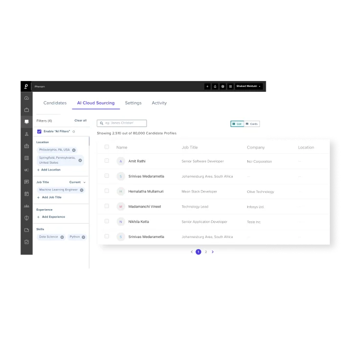 Phenom AI Cloud Sourcing view showing candidate profiles filtered by location, job title, experience, and skills.