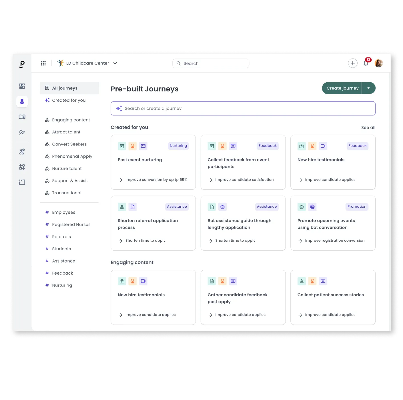 Phenom Journeys library with pre-built candidate journey templates for nurturing, feedback, and engagement.