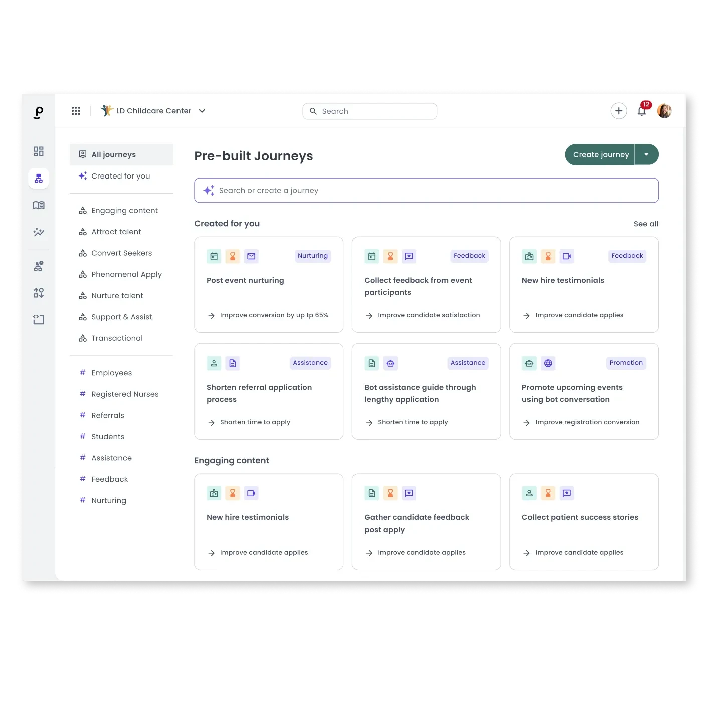 Phenom Journeys library with pre-built candidate journey templates for nurturing, feedback, and engagement.