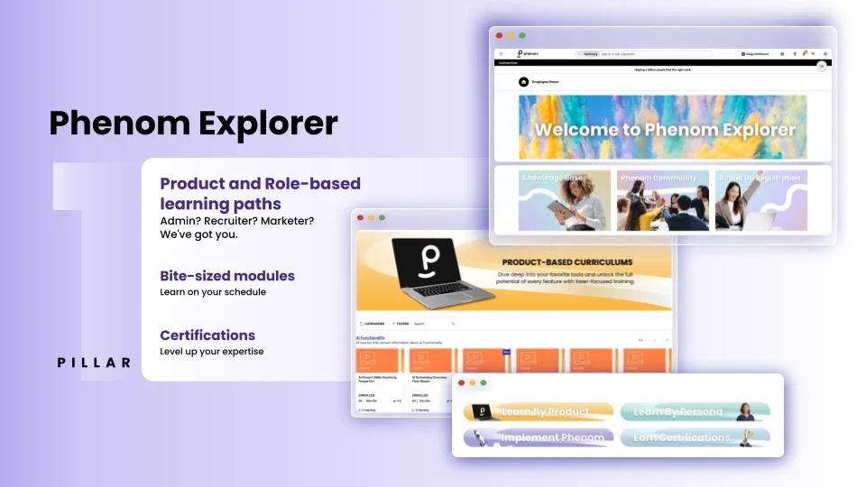 Phenom Explorer dashboard showing role-based learning paths, bite-sized modules, and certification tracks