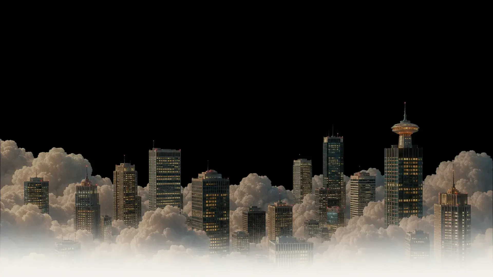 City skyline with illuminated skyscrapers emerging from thick clouds against a black sky, creating a dramatic scene.
