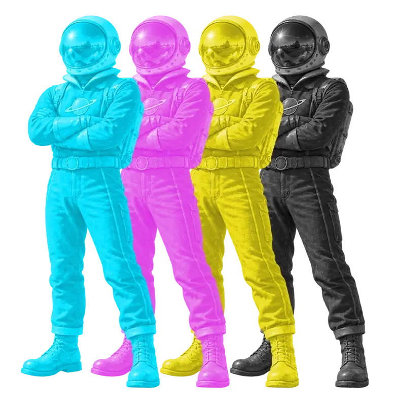 Four astronauts in cyan, magenta, yellow, and black suits standing with arms crossed, representing CMYK printing colors.