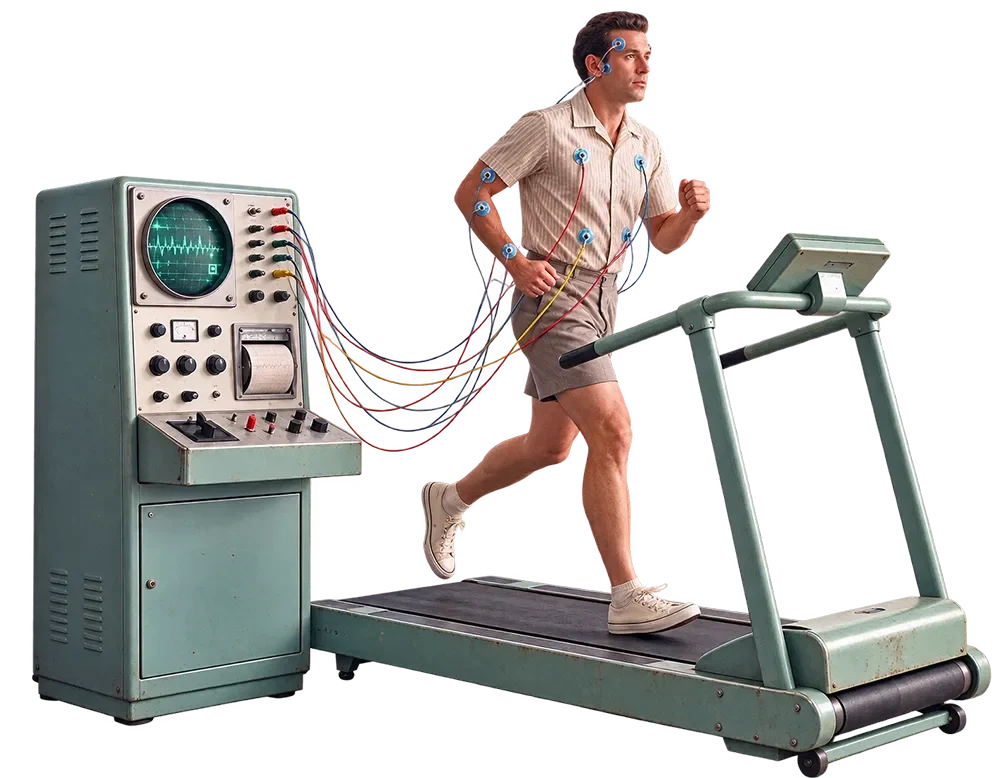 Image of a man on a vintage treadmill hooked up to a vintage health monitoring machine.