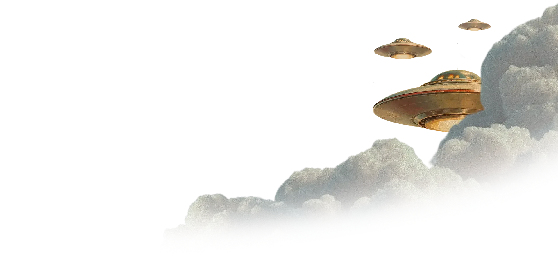 Three metallic flying saucers with glowing lights hovering in cloudy sky, vintage sci-fi style illustration.