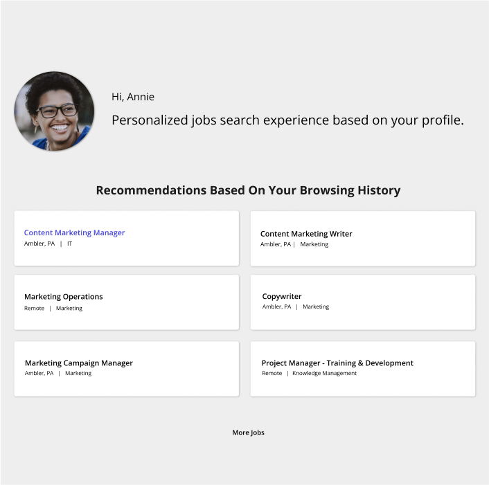 Example of dynamic content recommendations based on a job seeker's experience listed in their profile on a career site