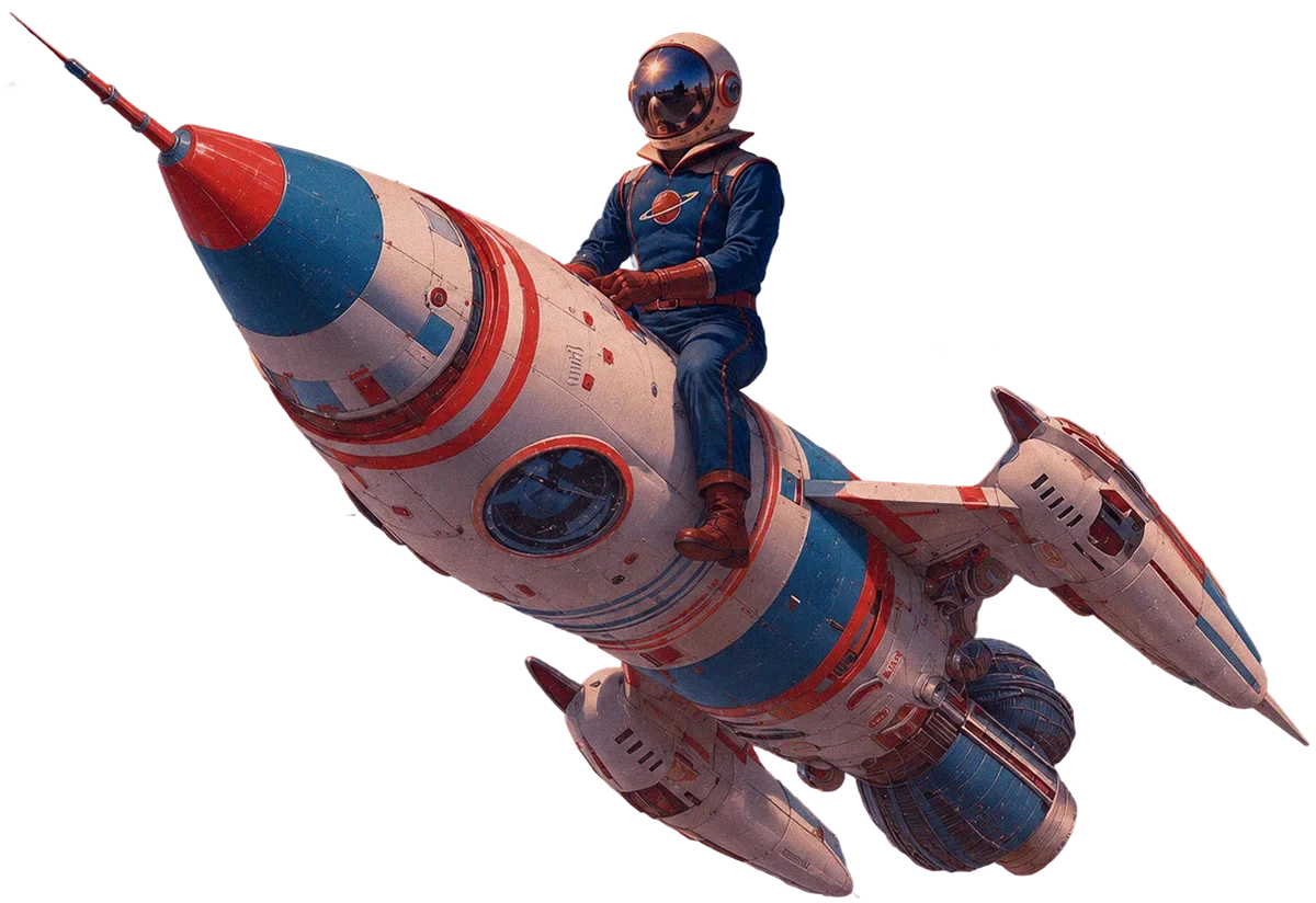 Retro-style astronaut in copper helmet riding a red, white, and blue vintage rocket ship against a white background.