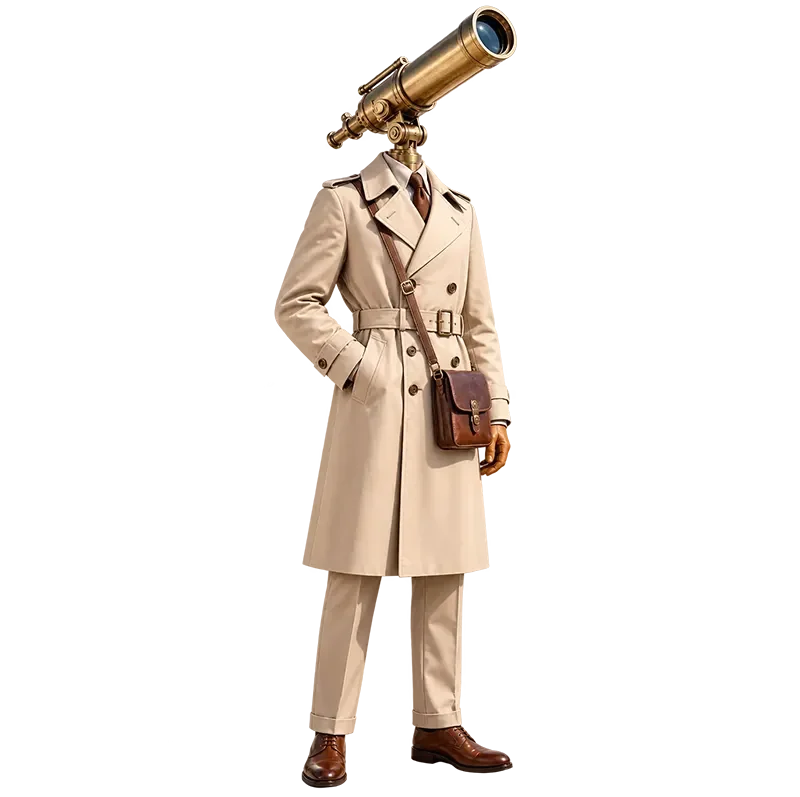 Figure in beige trench coat with vintage brass telescope replacing head, wearing brown leather bag and shoes on white.