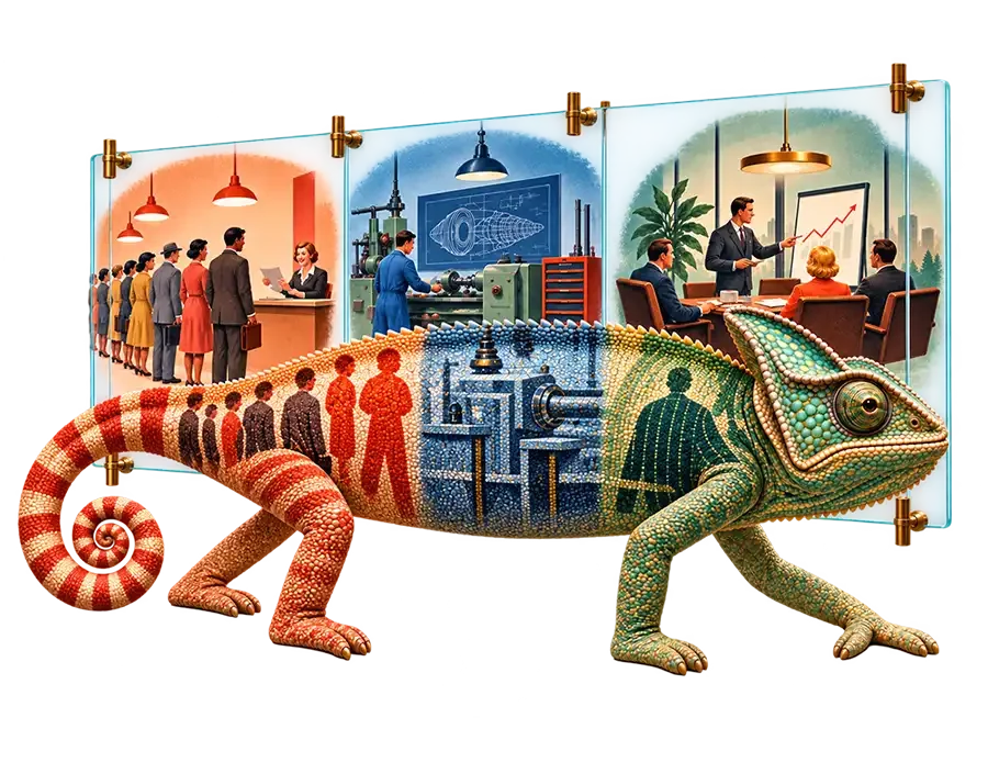 Chameleon with textured skin displaying vintage business scenes on panels: customer service, manufacturing, and meeting.