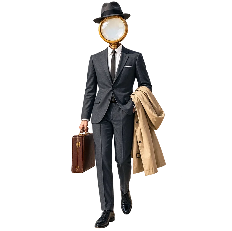 Detective figure in dark suit and fedora with magnifying glass for head, holding briefcase and tan trench coat.