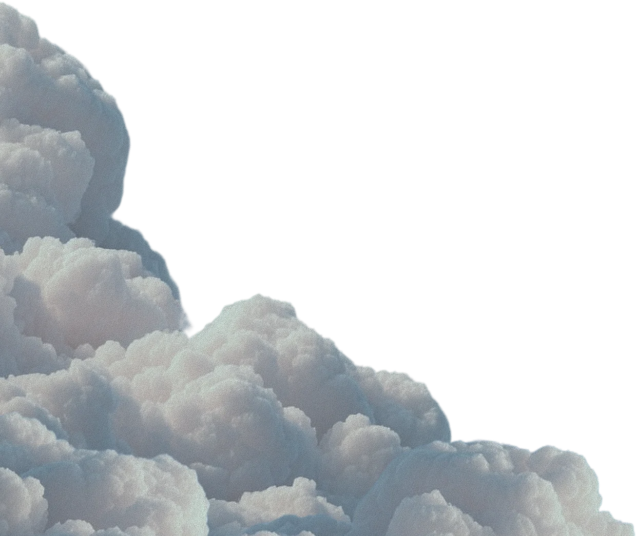 Soft gray and blue watercolor clouds against a white background creating a dreamy, ethereal atmosphere.