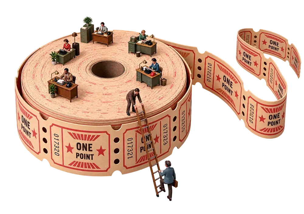 Miniature office workers at desks on a large roll of vintage red and cream reward tickets labeled ONE POINT.