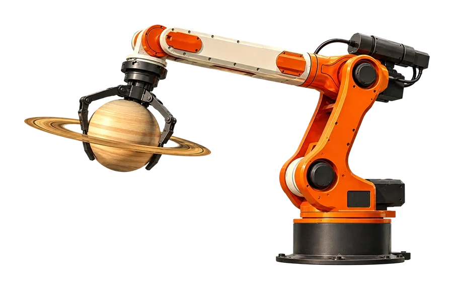 Orange and white industrial robotic arm with black gripper holding a model of Saturn with rings on white background.