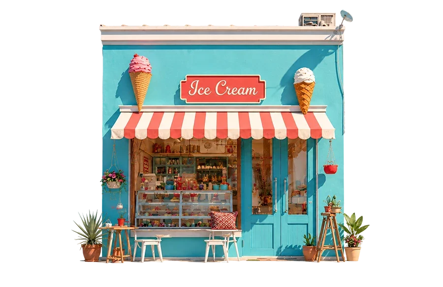 Charming turquoise ice cream shop with red and white striped awning, coral sign, cone decorations, and outdoor seating.