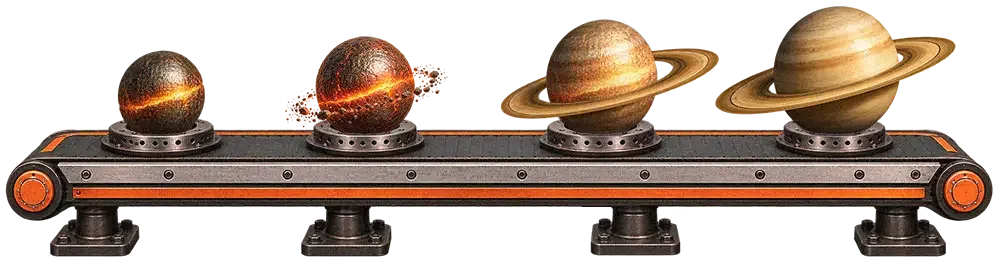 Four planets on a conveyor belt showing stages of formation, from rocky core to ringed gas giant with golden bands.