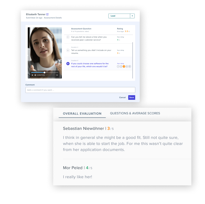 Two examples of candidate evaluations and feedback within Phenom's AI-powered software on a transparent background 