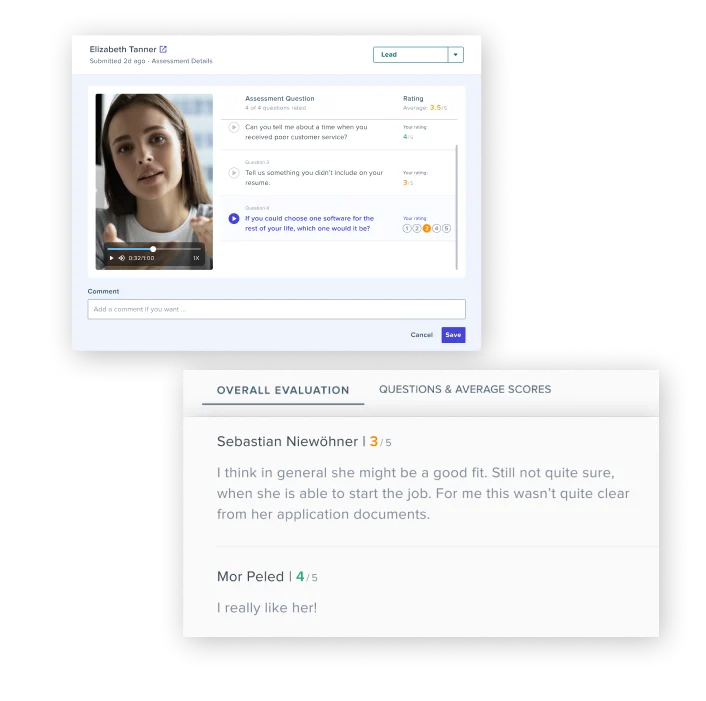 Two examples of candidate evaluations and feedback within Phenom's AI-powered software on a transparent background 