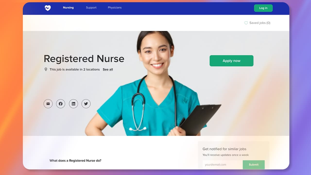 An a career site interface with a female registered nurse on the home page banner