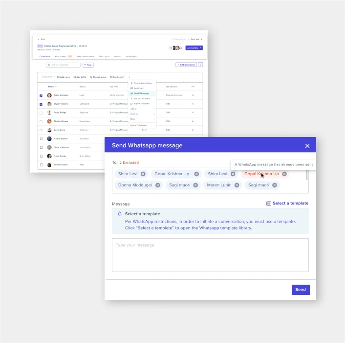 Screengrab of messaging applications and marketing campaigns available within Phenom's Recruiter Experience platform