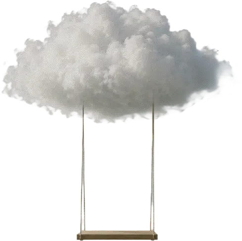 A wooden swing with rope chains hangs from a large, fluffy gray cloud against a white background.