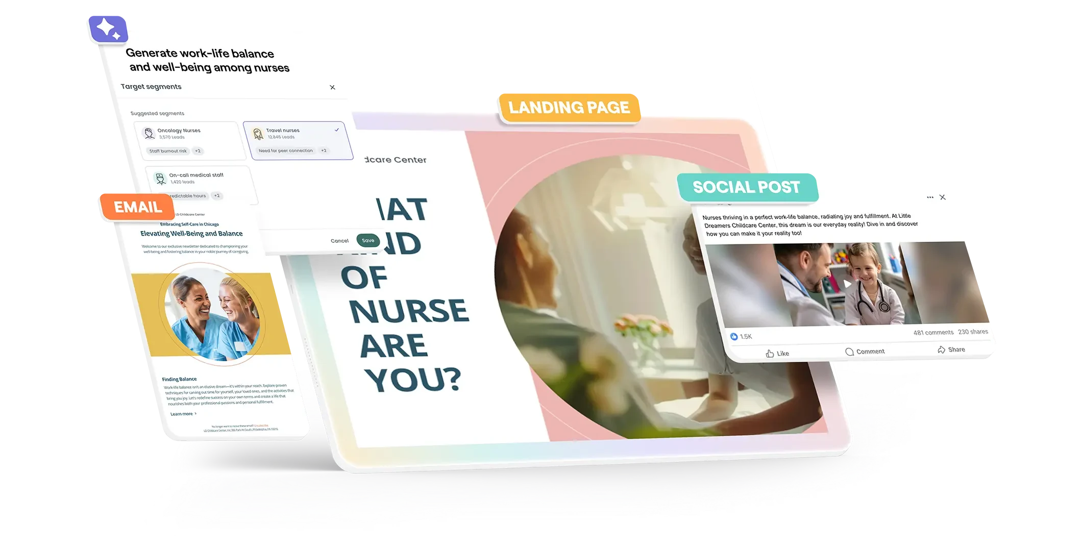 Phenom Talent Experience Engine generating an email, landing page, and social post for a nurse audience segment.