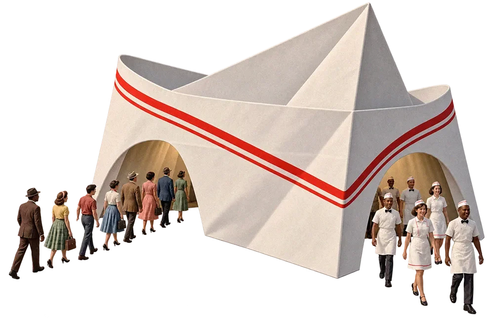 People in 1950s attire entering and exiting a large white geometric structure with red stripes resembling a fast-food uniform hat.
