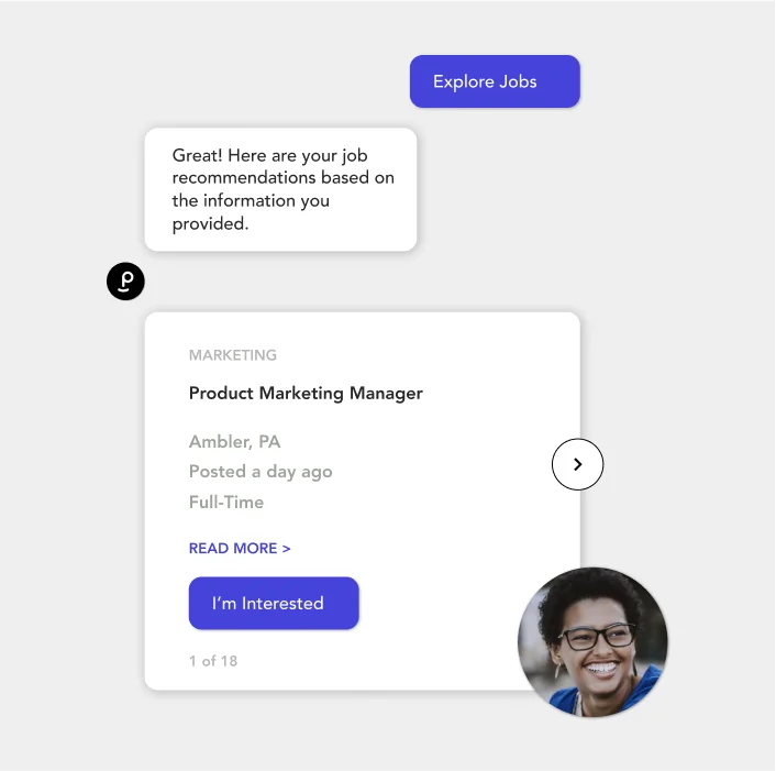 Screengrab of example conversation between a job seeker and chatbot to show recommended available jobs on a career site
