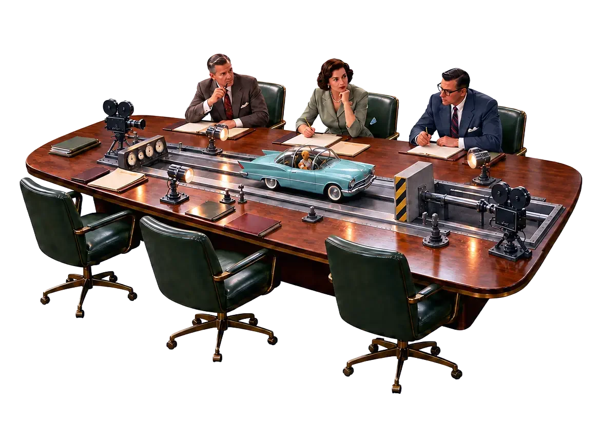 Three business people in 1960s attire seated at conference table with miniature car on track and cameras on surface.