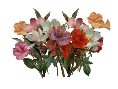 Colorful bouquet of artificial flowers in pink, white, orange, and red with green leaves on stems against white background.