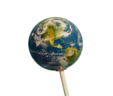 Earth-shaped lollipop showing North America, with blue oceans, green continents, and white clouds on a stick.