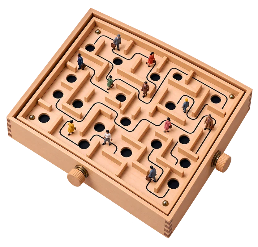 Wooden maze game with miniature figures navigating a path through holes and walls, controlled by two knobs on the sides.