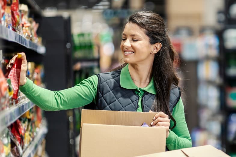 grocery store worker stocking shelves