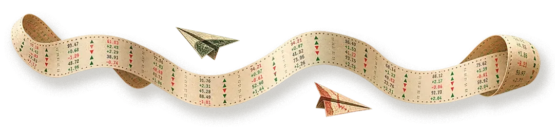 Paper airplanes flying along a wavy ribbon made from vintage stock market ticker tape with numbers and symbols