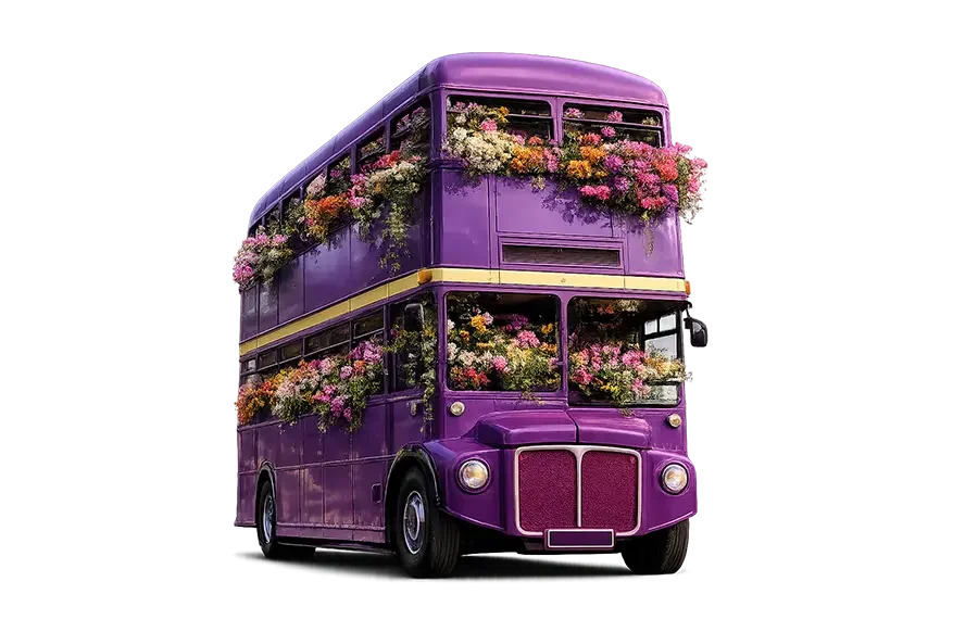 Purple double-decker bus adorned with colorful flowers cascading from windows on both levels against white background.
