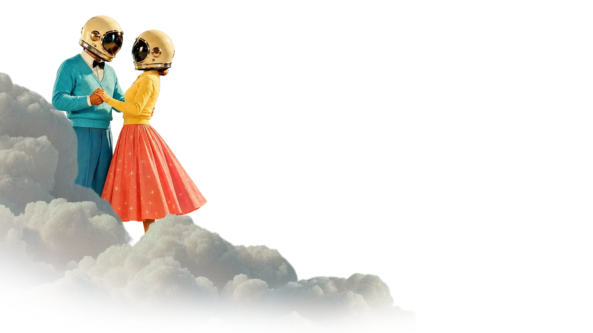 Two people wearing gold astronaut helmets and vintage clothing hold hands while standing on clouds against a white sky.