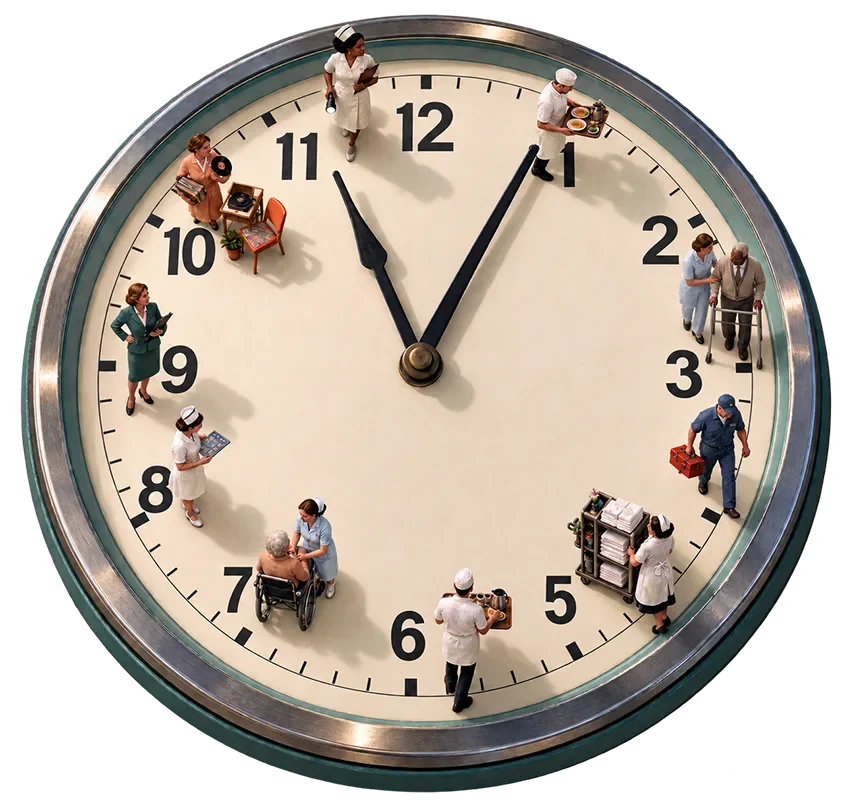 Clock face showing 12:05 with miniature figures of people performing various senior living activities positioned around the dial.