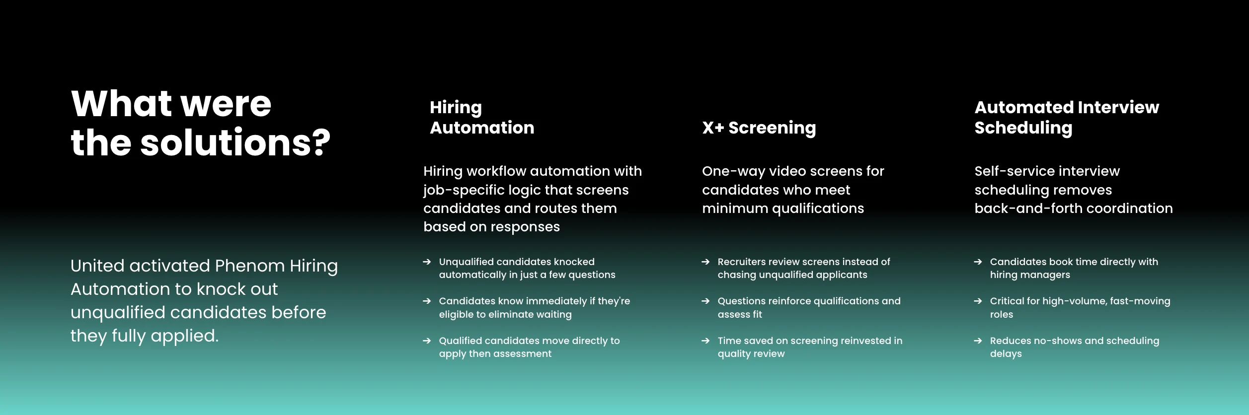 United rolled out three Phenom tools in sequence: X+ Screening (one-way video interviews plus job preview videos, replacing a vendor), Automated Interview Scheduling (self-service booking), and Hiring Automation (upfront knockout questions). Piloted by Kaitlyn Dayton in Chicago for part-time ramp roles, strong results drove expansion to full-time ramp, customer service, campus recruiting, and flight attendants.