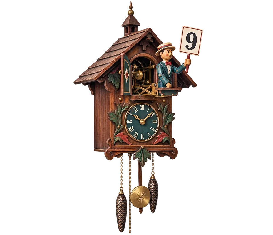 A cuckoo clock with a toy olympic judge springing out of the door holding a 9 scorecard.