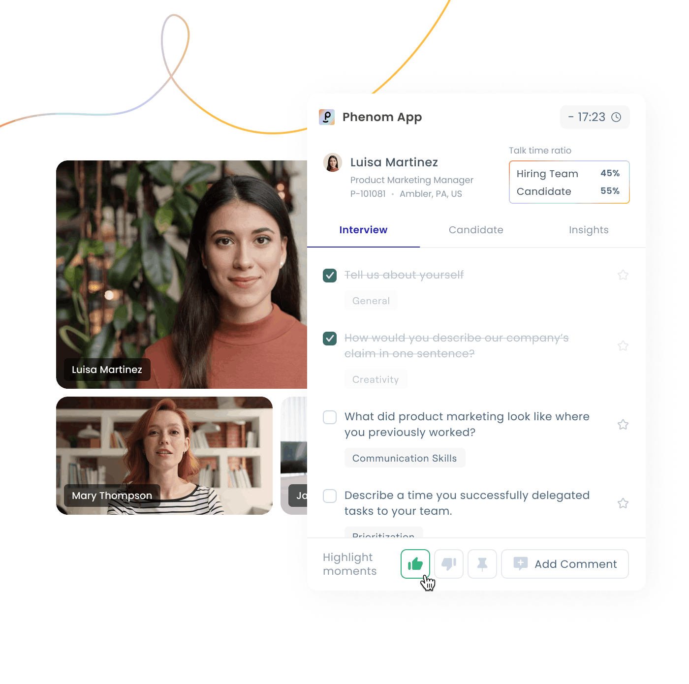 Phenom Interview Intelligence view showing live video interview with talk time ratio and structured question tracking.