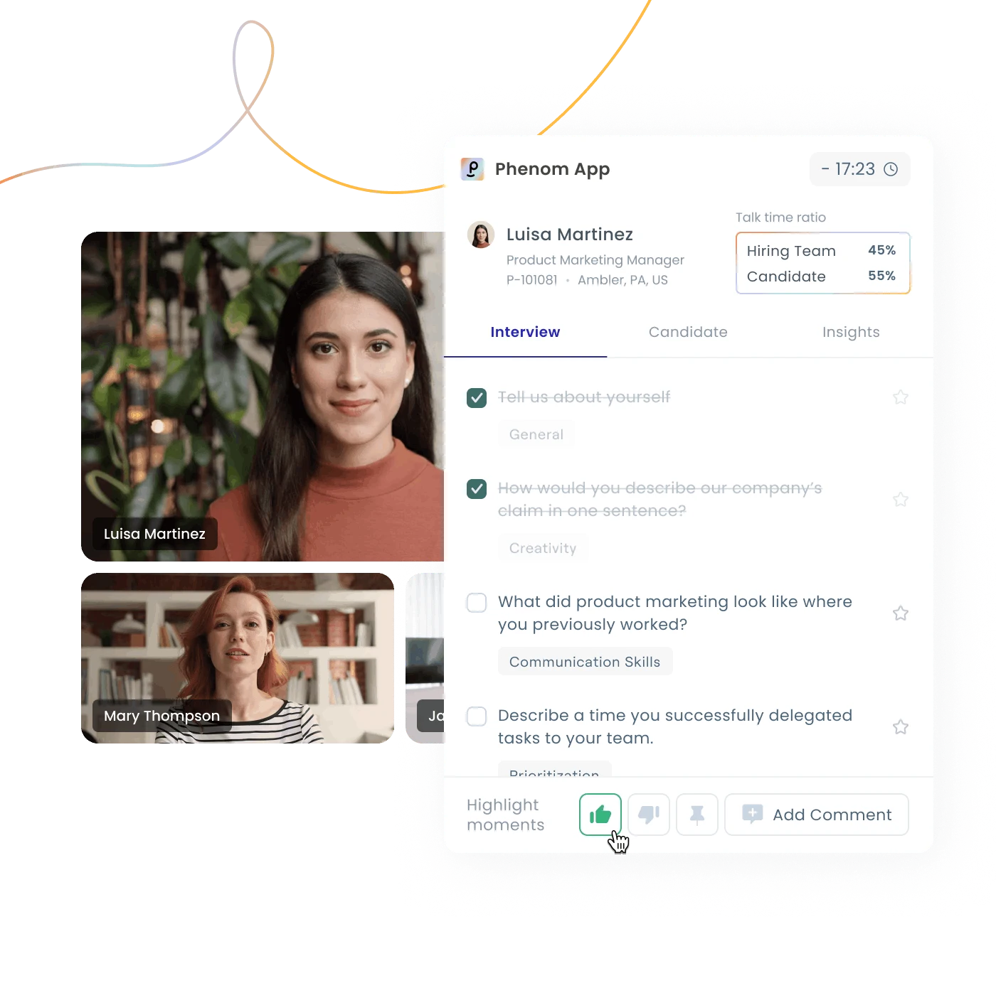 Phenom Interview Intelligence view showing live video interview with talk time ratio and structured question tracking.