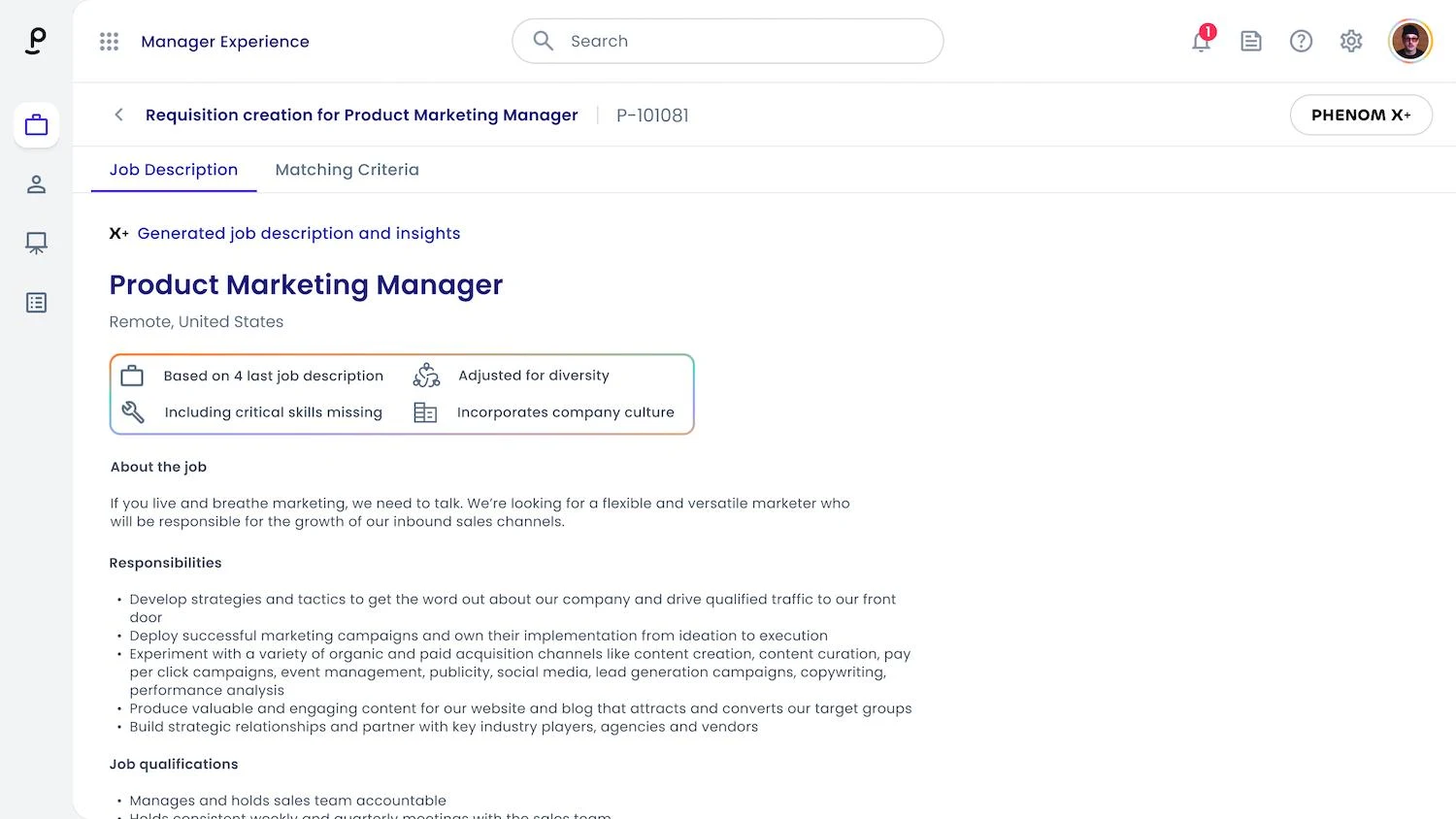 (Image: Phenom X+ automatically generates job description)