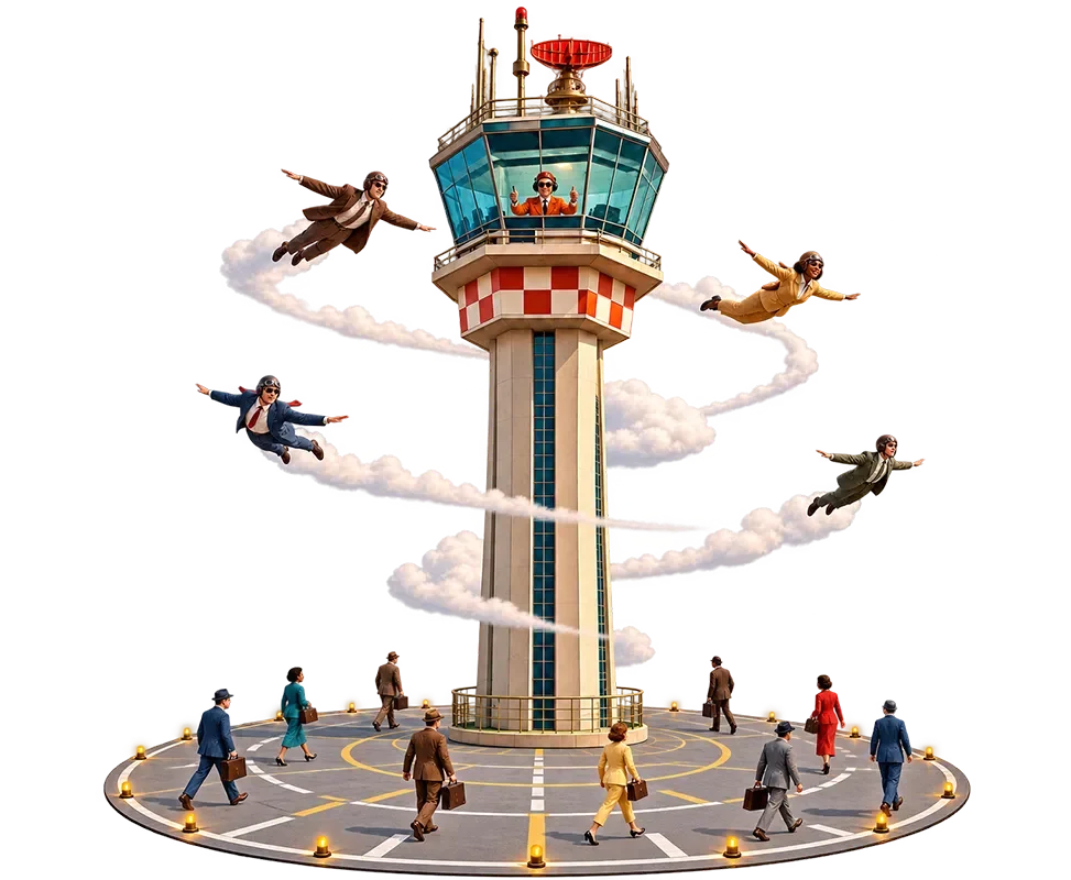 Air traffic control tower with red radar on top, surrounded by flying figures with smoke trails and people walking below.