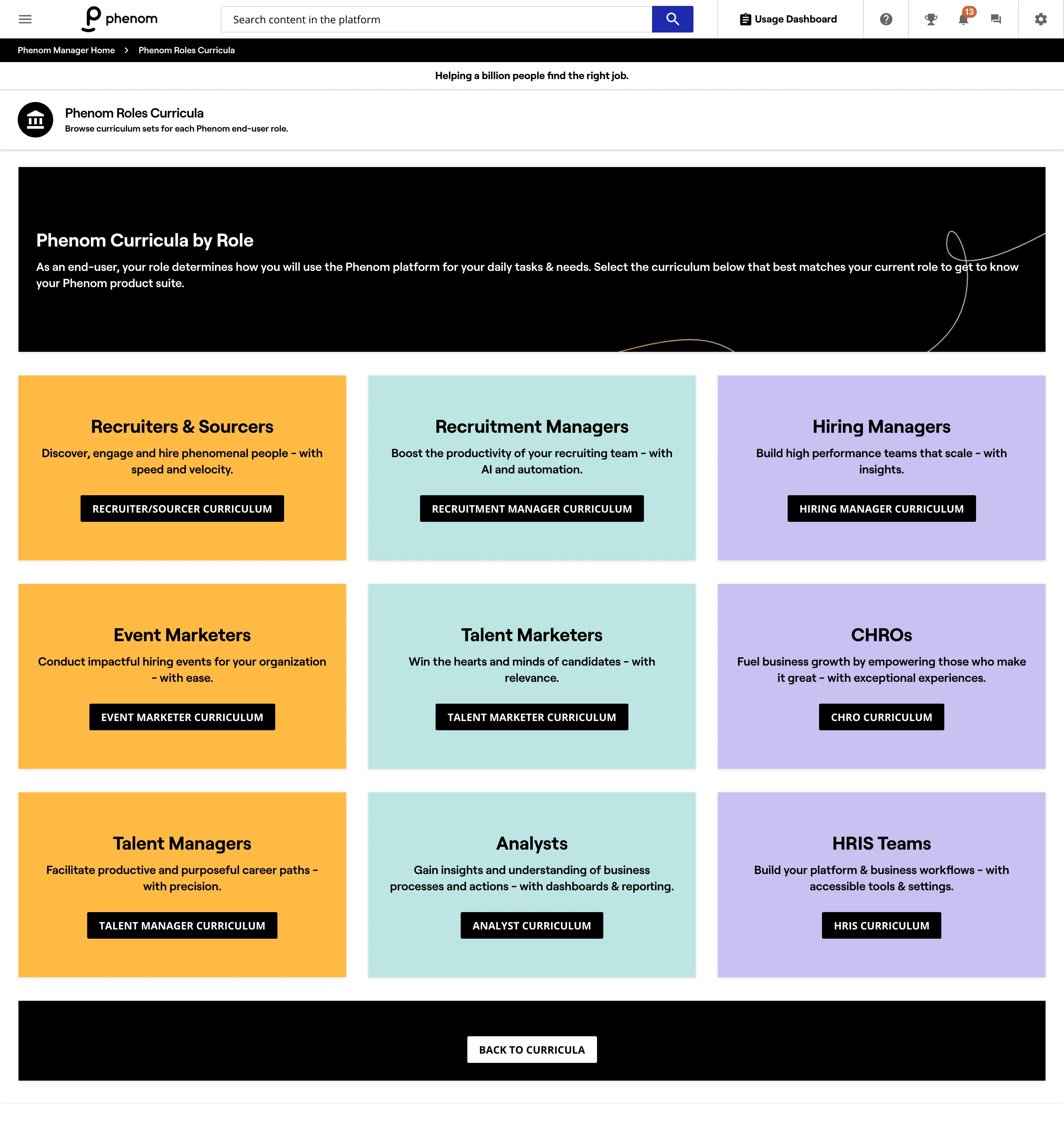 Tailor your course selection by role within the Phenom Explorer.