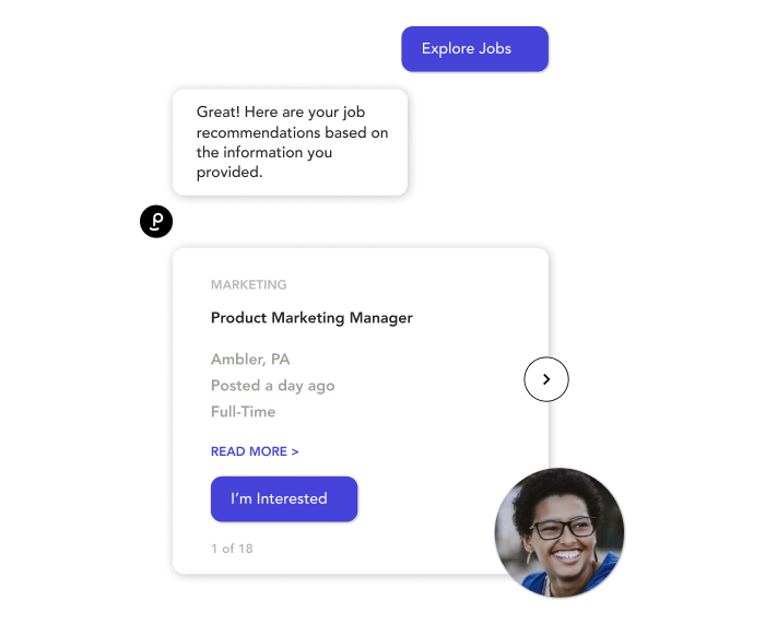 Sample conversation between a job seeker and Phenom chatbot offering personalized job recommendations