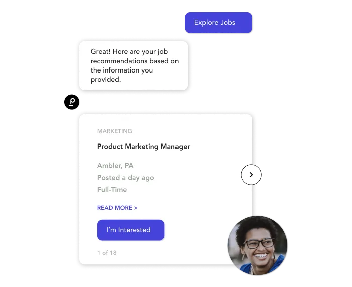 Sample conversation between a job seeker and Phenom chatbot offering personalized job recommendations